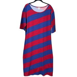 LuLaRoe Julia Red Blue Diagonal Striped Midi Dress Size 3XL NWT
